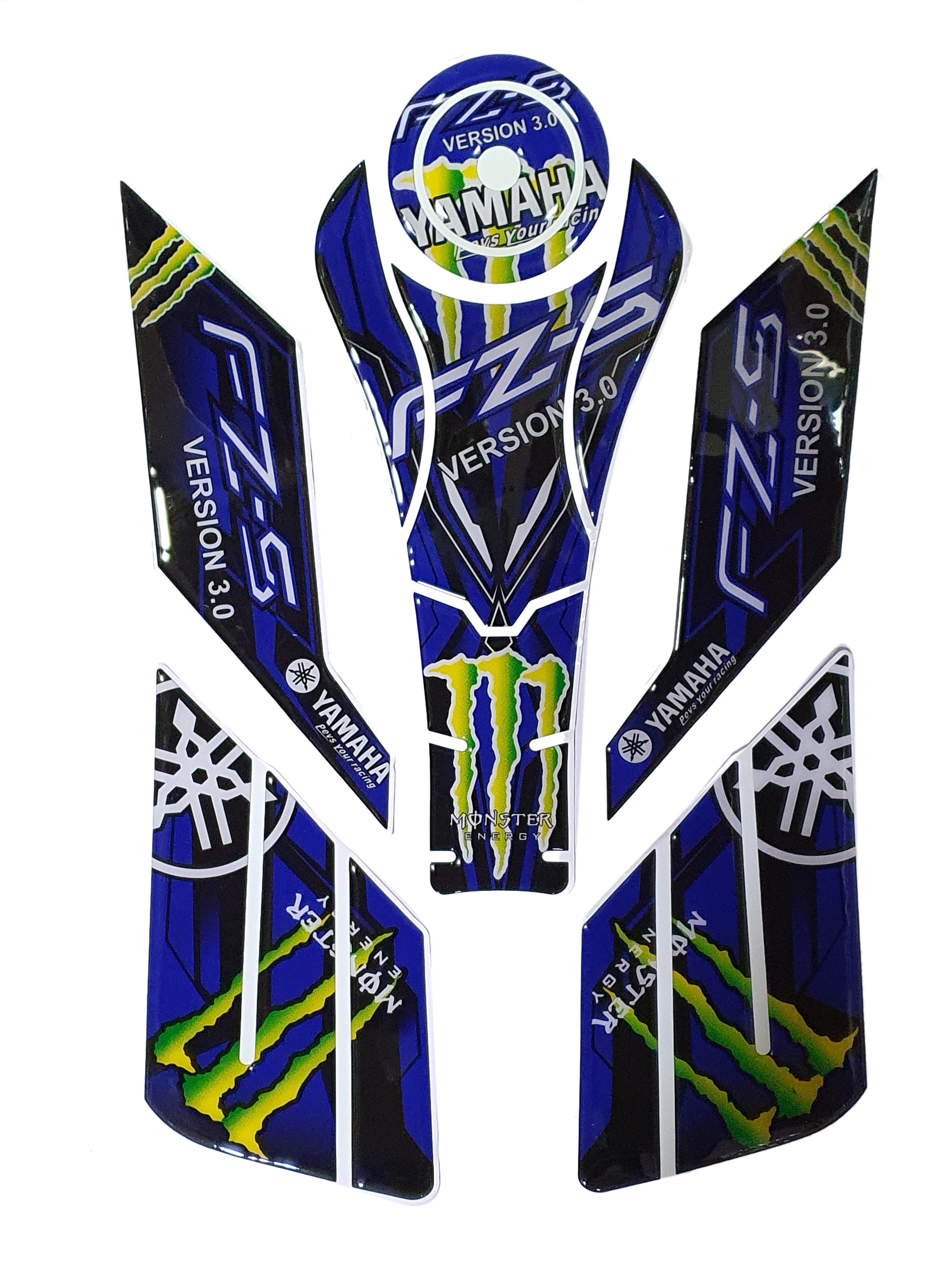Yamaha FZ V3/ Fazer V3 Compatible Tank Pad combo with Knee Pad Monster logo Blue