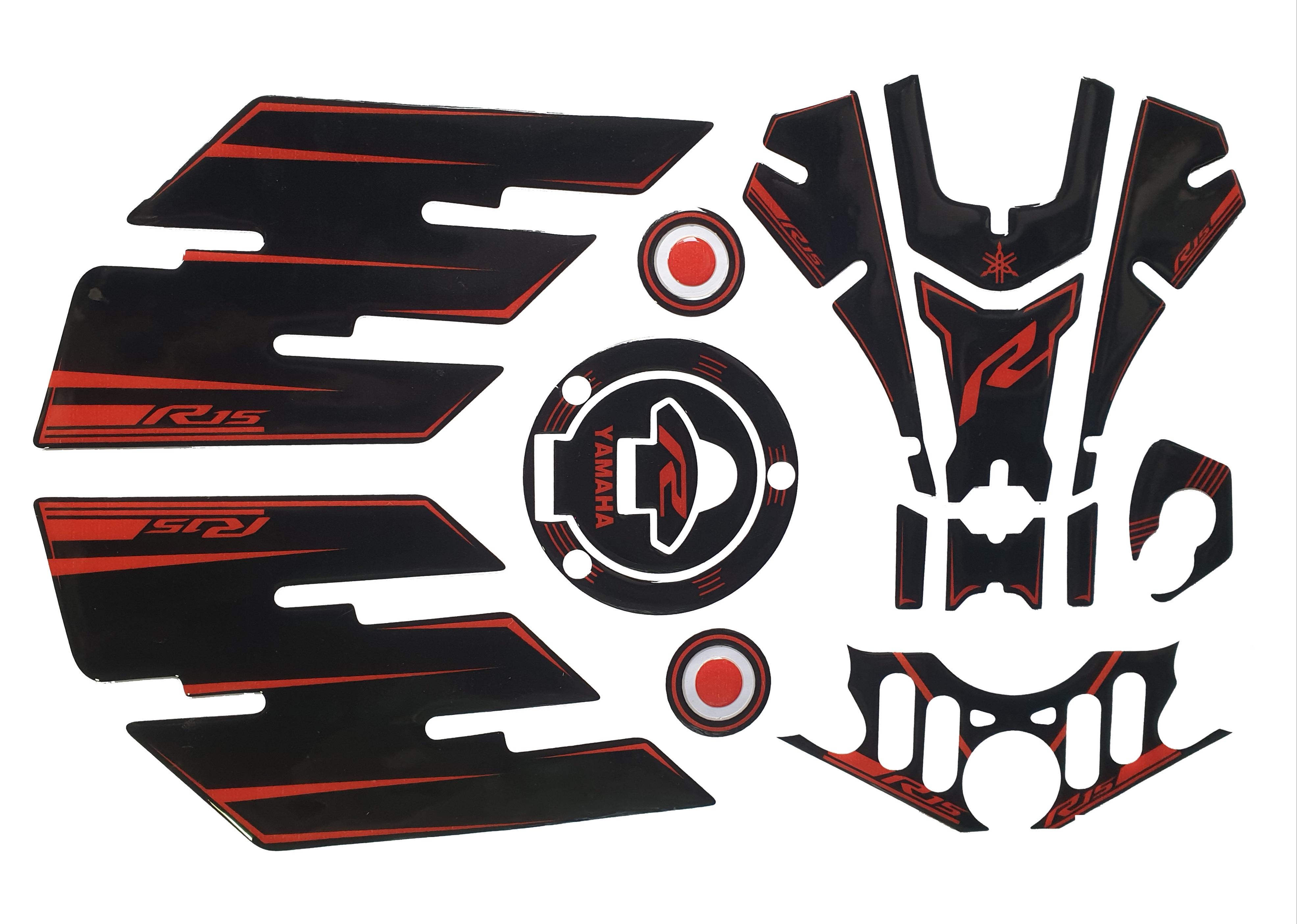Yamaha R15 V3 Large Tank Pad Combo With Thigh/Knee Pad, T Plate, Ignition Lock Pad & Fork Top Sticker Dark Red-Black