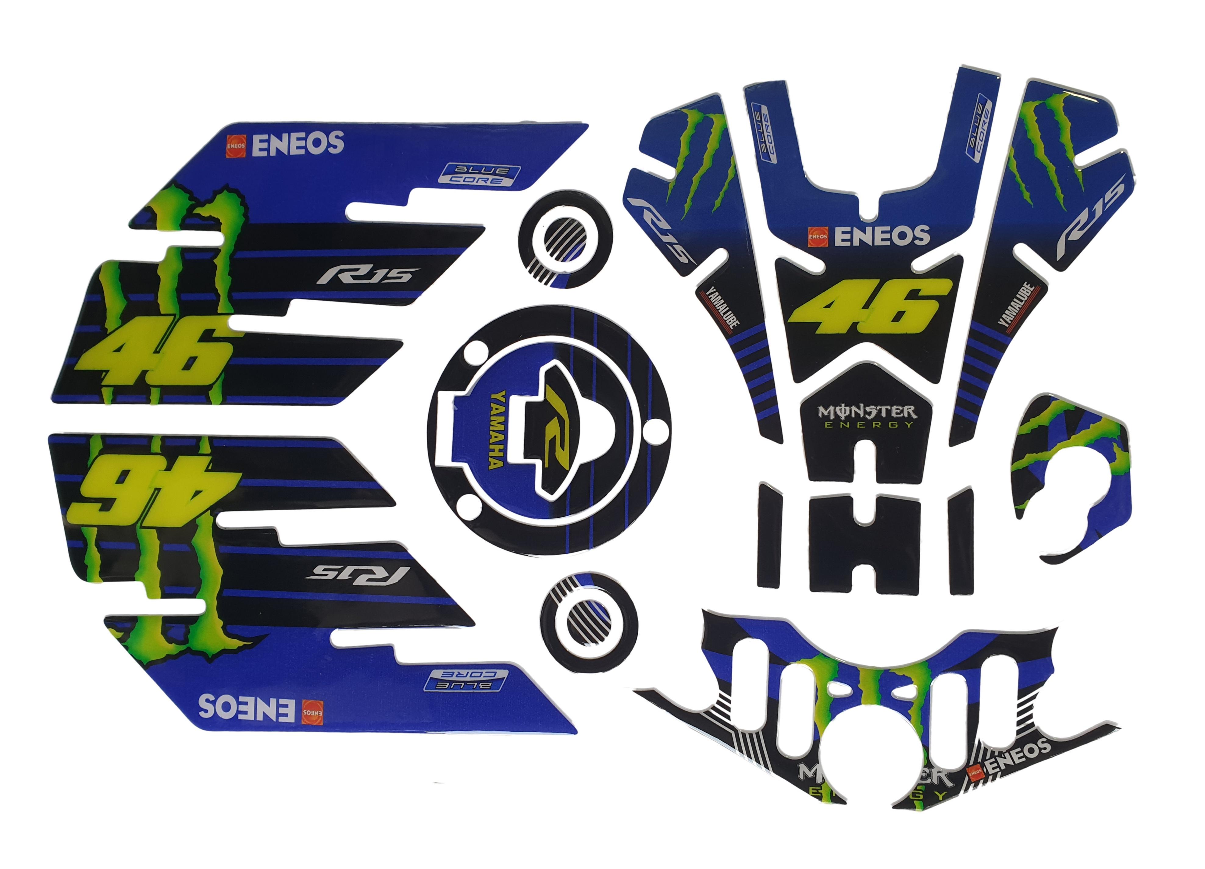 Yamaha R15 V3 Large Tank Pad Combo With Thigh/Knee Pad, T Plate, Ignition Lock Pad & Fork Top Sticker  VR46 ME Theme Blue-Black