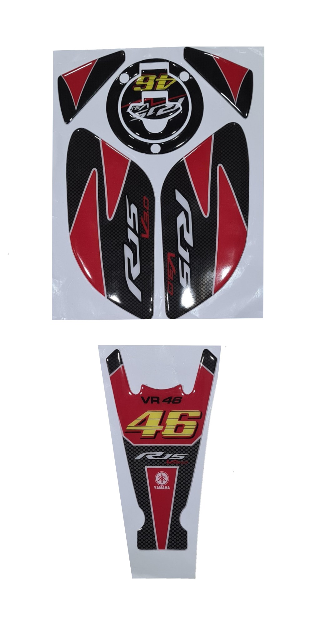 Yamaha R15 V3 Compatible Bat Style Tank Pad Combo With Knee Pad  VR46 Theme Red-Black