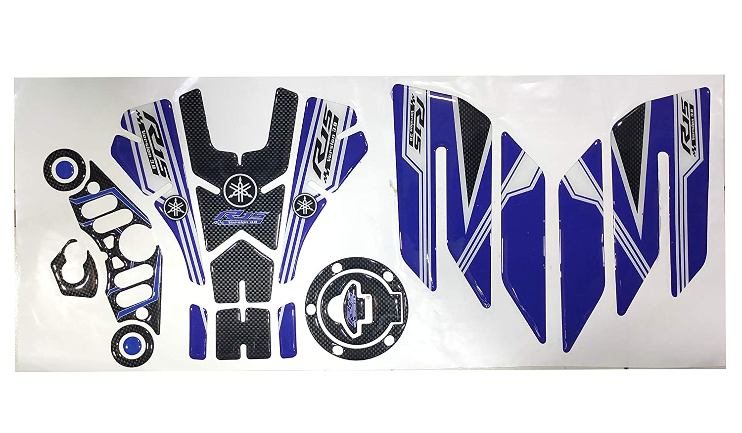Yamaha R15 V3 Large Tank Pad Combo With Thigh/Knee Pad, T Plate, Ignition Lock Pad & Fork Top Sticker Blue-Black