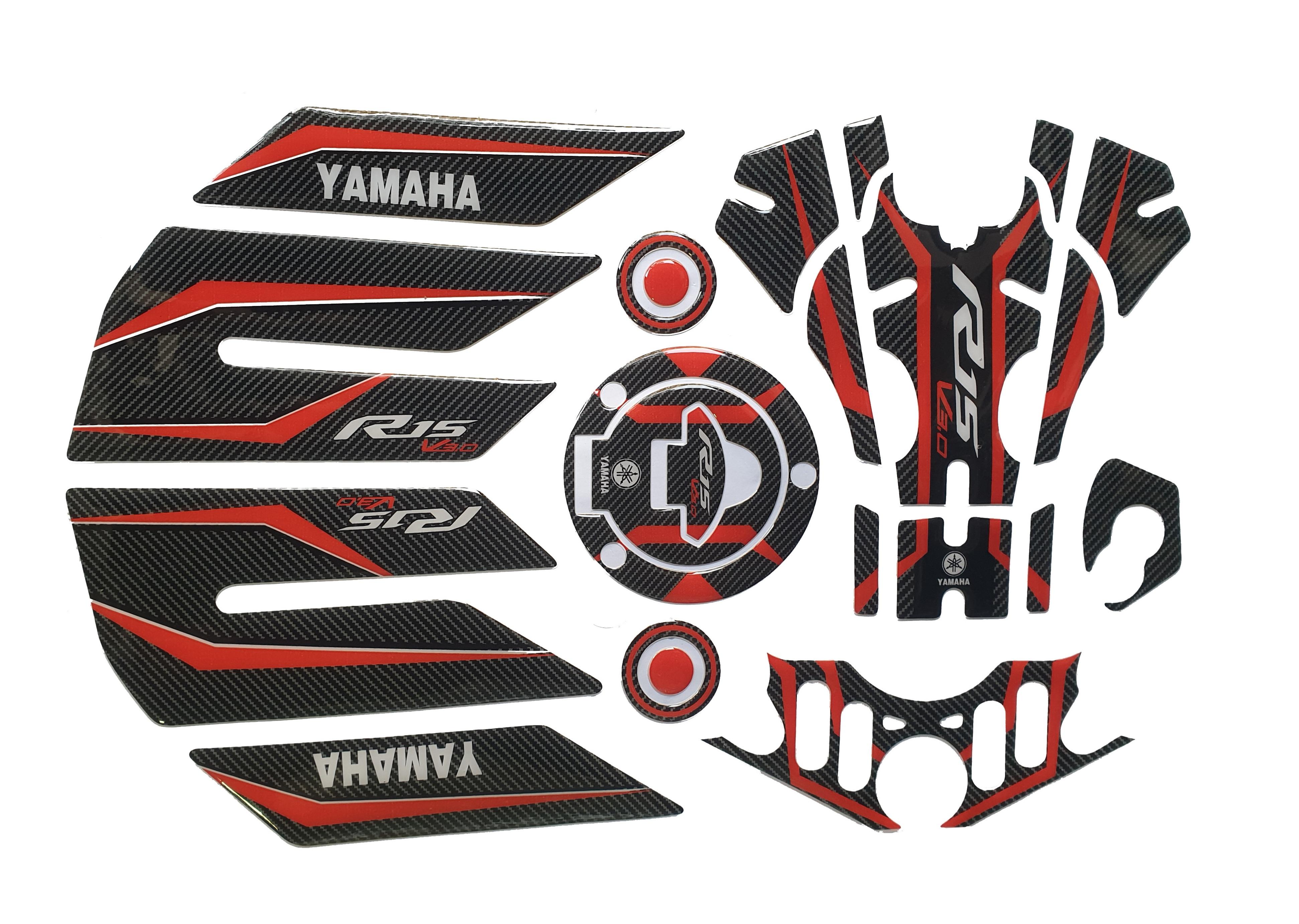 Yamaha R15 V3 Large Tank Pad Combo With Thigh/Knee Pad, T Plate, Ignition Lock Pad & Fork Top Sticker Carbon Fibre Red