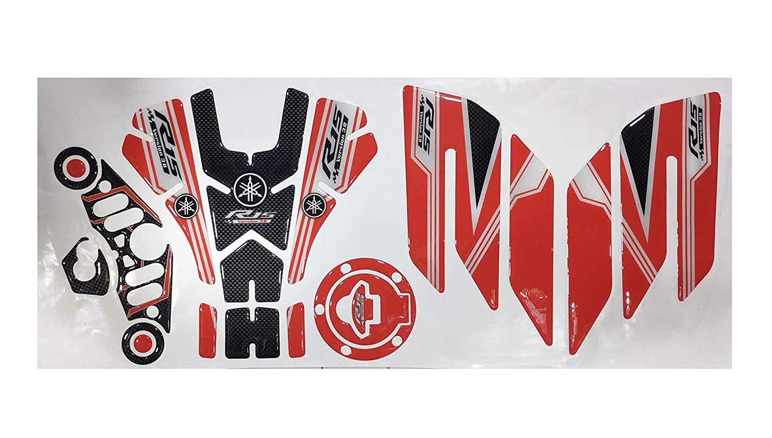 Yamaha R15 V3 Large Tank Pad Combo With Thigh/Knee Pad, T Plate, Ignition Lock Pad & Fork Top Sticker Red-Black