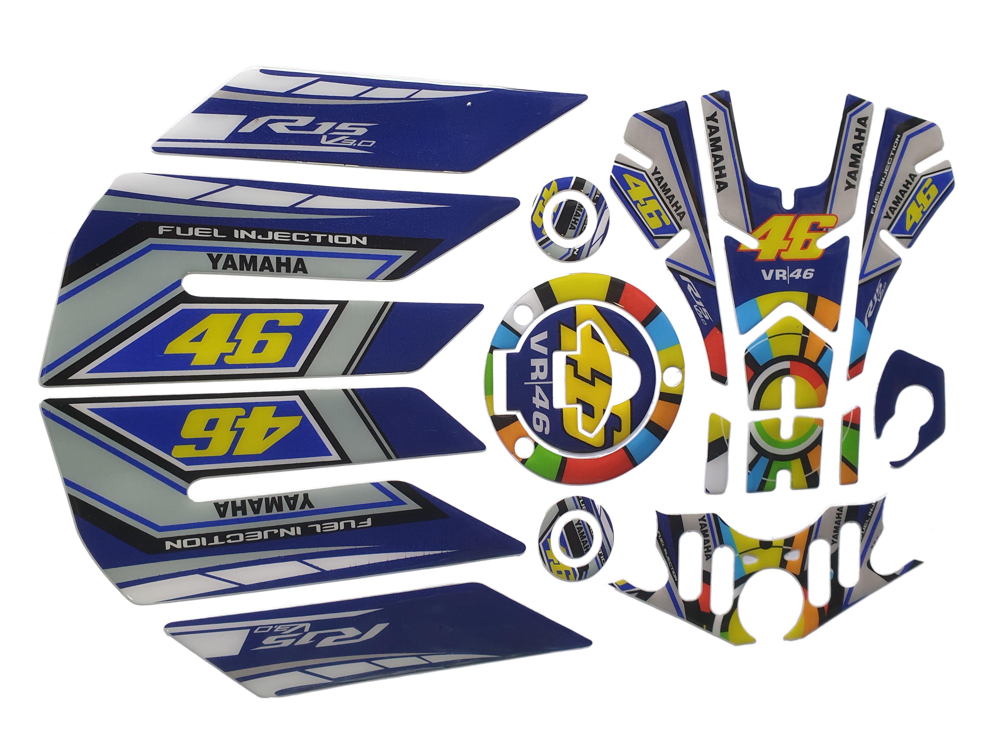 Yamaha R15 V3 Large Tank Pad Combo With Thigh/Knee Pad, T Plate, Ignition Lock Pad & Fork Top Sticker VR46 Yellow
