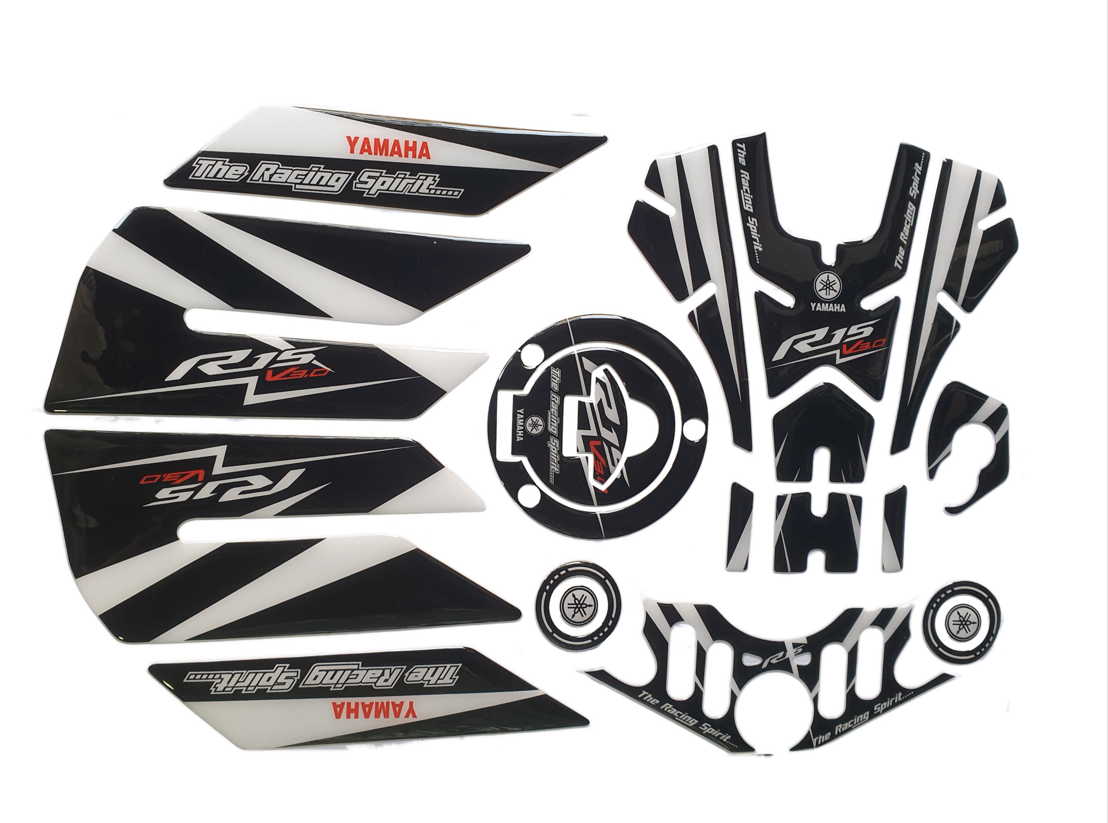 Yamaha R15 V3 Large Tank Pad Combo With Thigh/Knee Pad, T Plate, Ignition Lock Pad & Fork Top Sticker White-Black