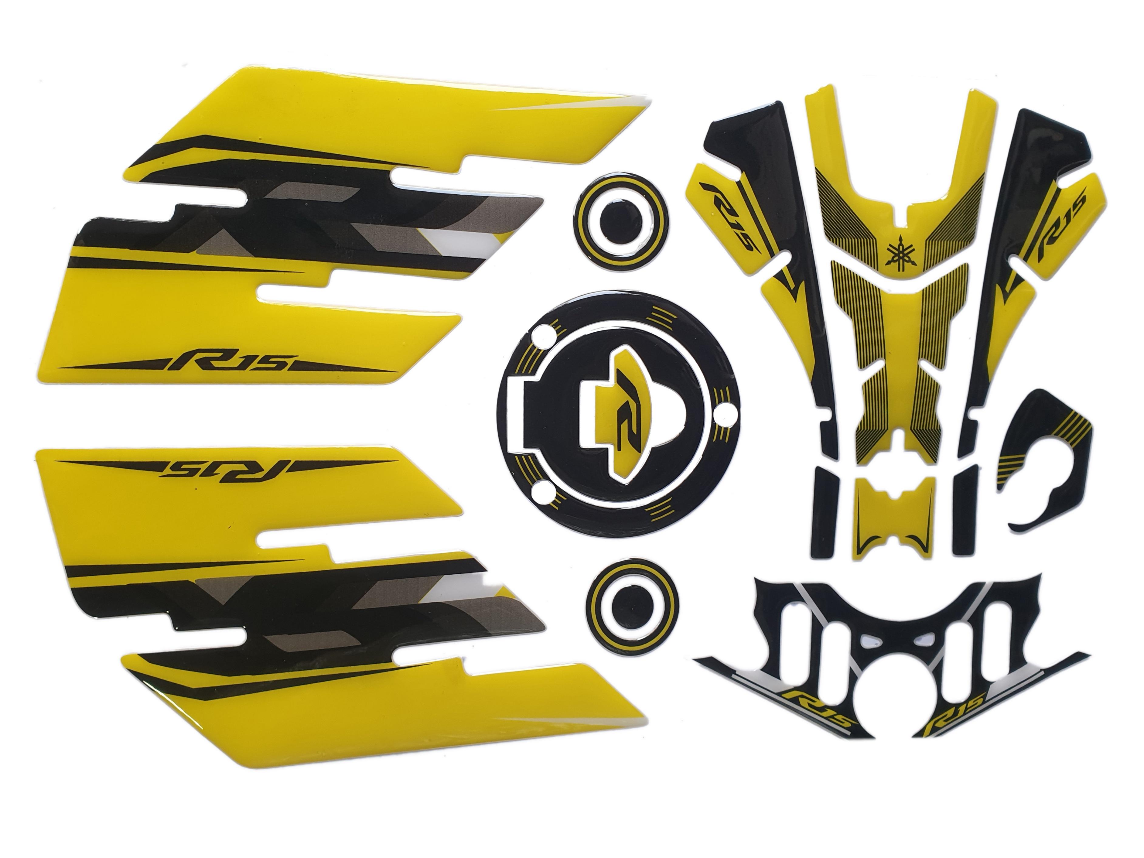 Yamaha R15 V3 Large Tank Pad Combo With Thigh/Knee Pad, T Plate, Ignition Lock Pad & Fork Top Sticker Yellow-Black